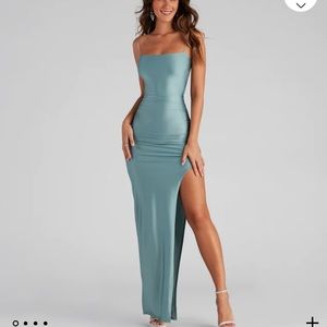 Lulus Blue Green High-Slit Formal Form Fitting Dress